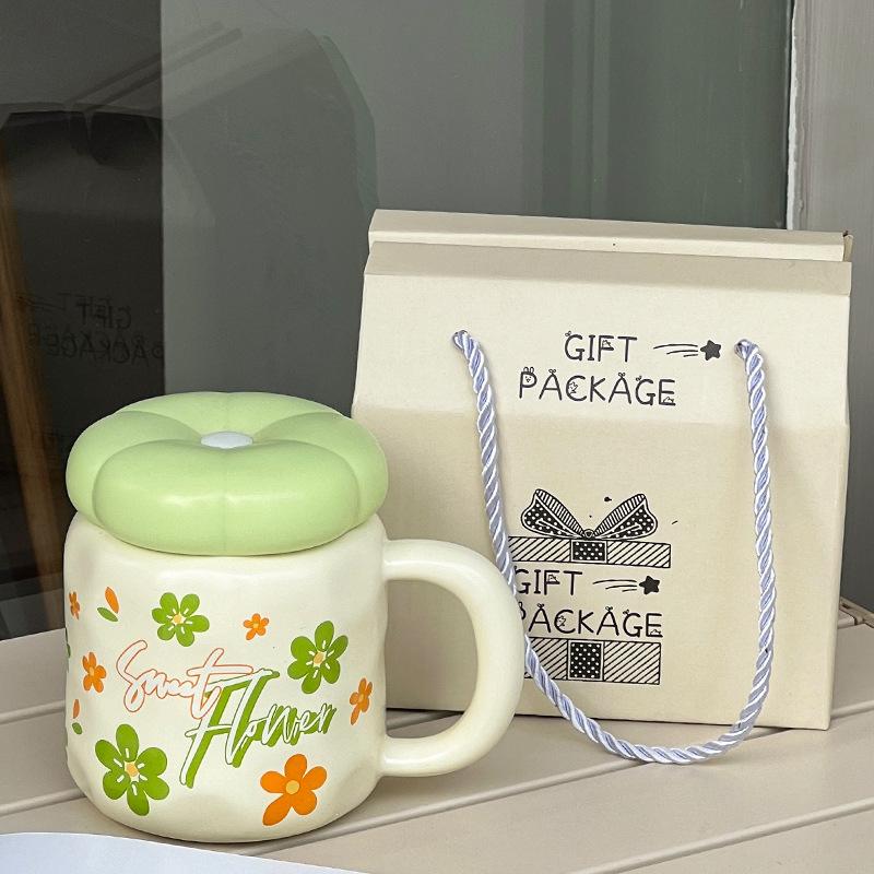Cute Ceramic Cup with Lid High Value Ins Style Household Couple Water Cup Gift Box Creative Hand Gift Mug