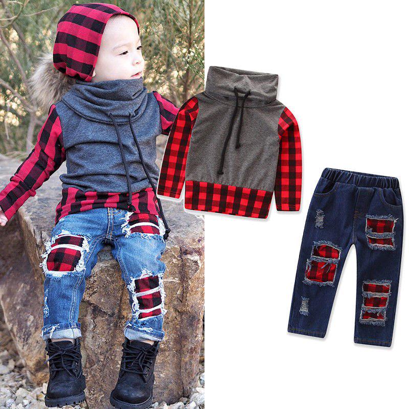 Toddler Kids Baby Boys Soft Cotton Plaid Tops Denim Jeans Pants