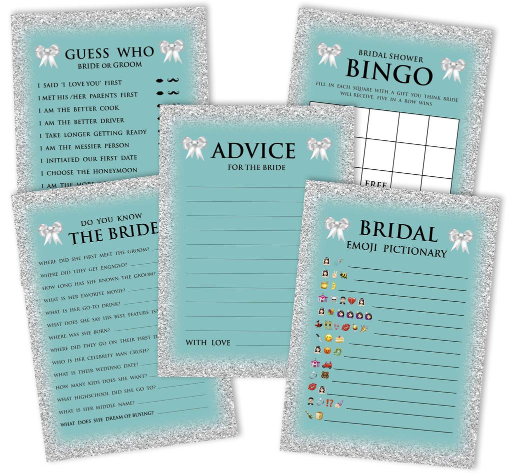 Inkdotpot Bridal Shower Games Set of 5 (Activities for 50 Guests) Glitter Theme Fun Bachelorette Party Games Set Bundle