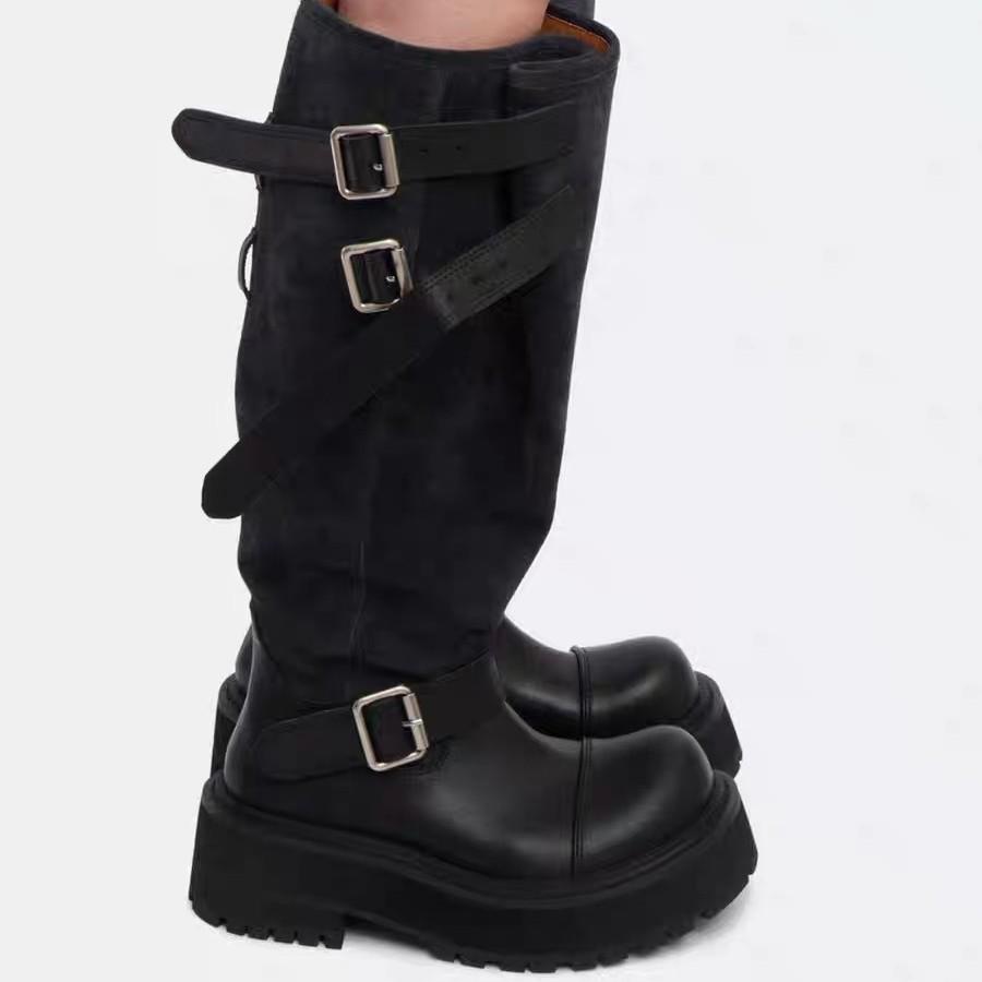 European and American spice girls thick-soled heightening boots women's retro belt buckle large tube circumference stacking boots