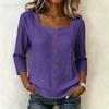 Women's V-Neck Three-Quarter Sleeve Button Down Blouse for Work in Cotton Linen
