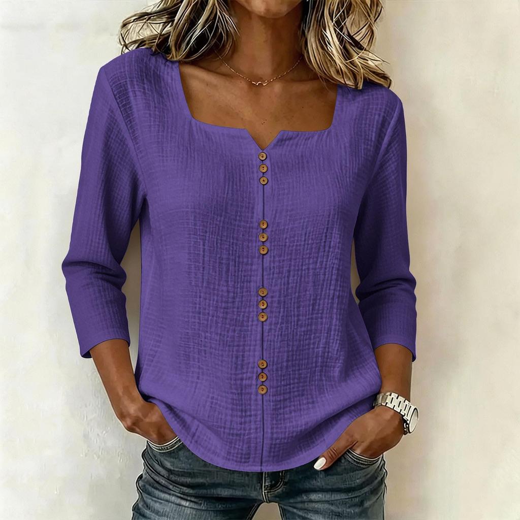 Women's V-Neck Three-Quarter Sleeve Button Down Blouse for Work in Cotton Linen
