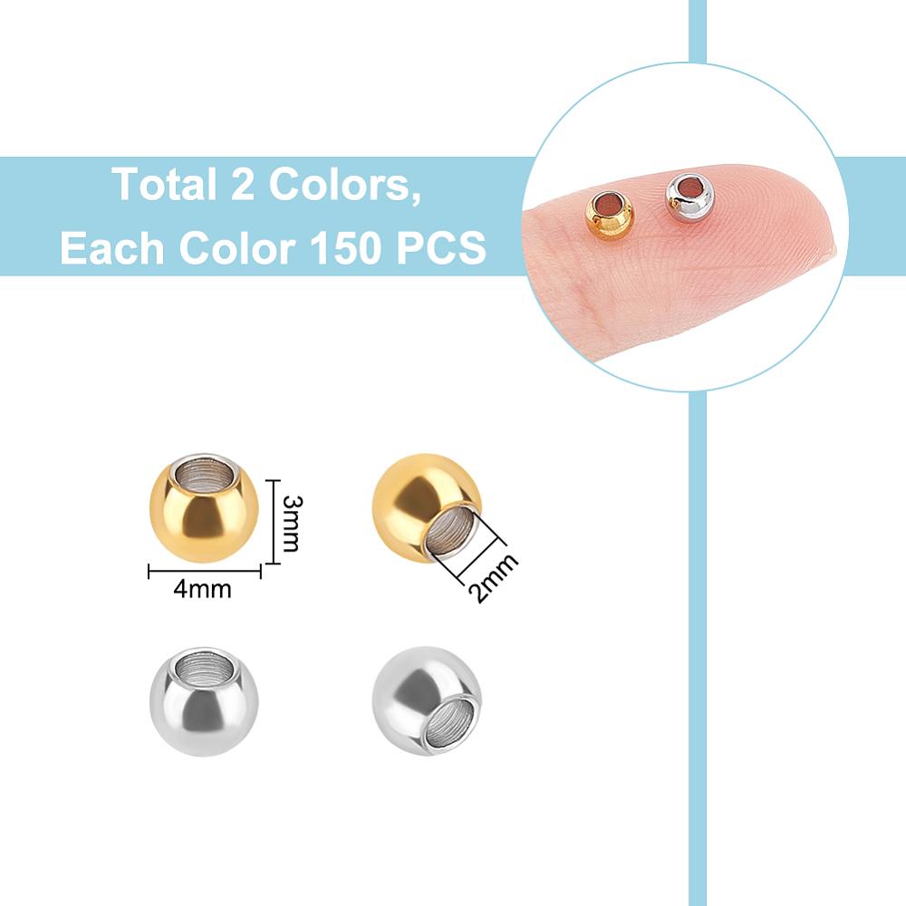 300Pcs 2 Colors 201 Stainless Steel Beads, Round, Mixed Color, 4x3mm, Hole: 2mm, 150pcs/color