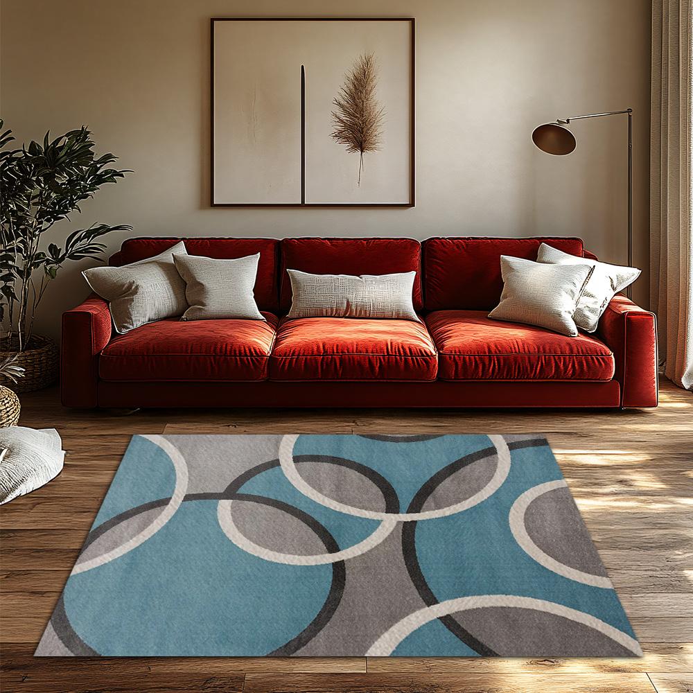 Blue Gray Circle Pattern Rug, Scandinavian Non-Slip Carpet, Modern Living Room Mat with Geometric Design for Home Decor