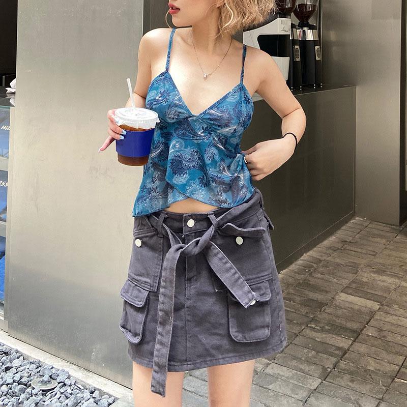 Netz durchsichtig bedruckte Weste Damen Sexy Lässig V-Ausschnitt Ärmellos Träger Camisole Patchwork Tanktop Streetwear