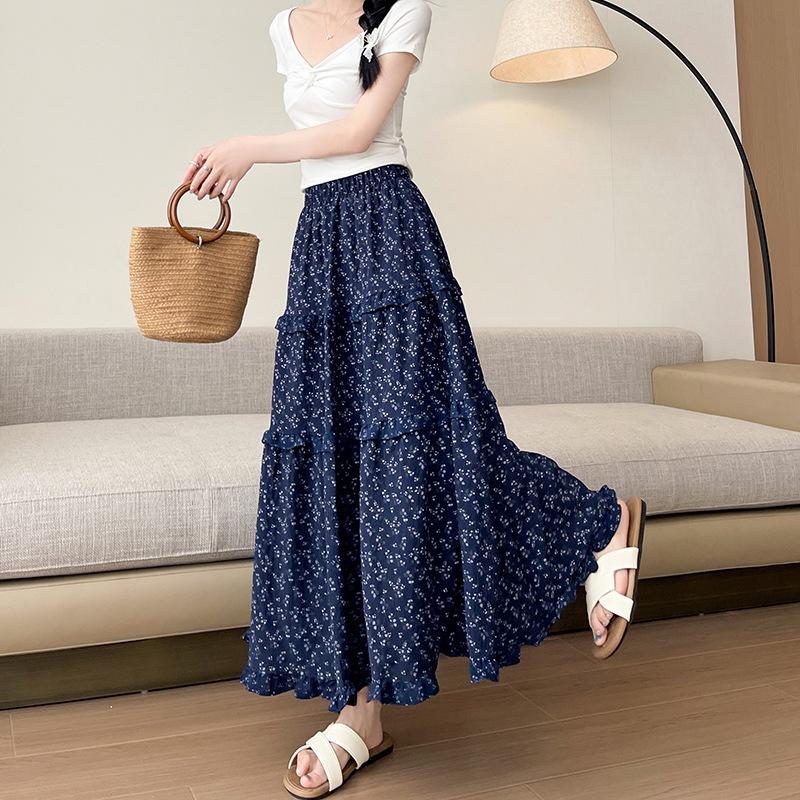 Dam Vår och Sommar Ny Koreansk Retro Beige Blommig Hög Midja A-linjekjol Casual Lat Stil Lång Kjol