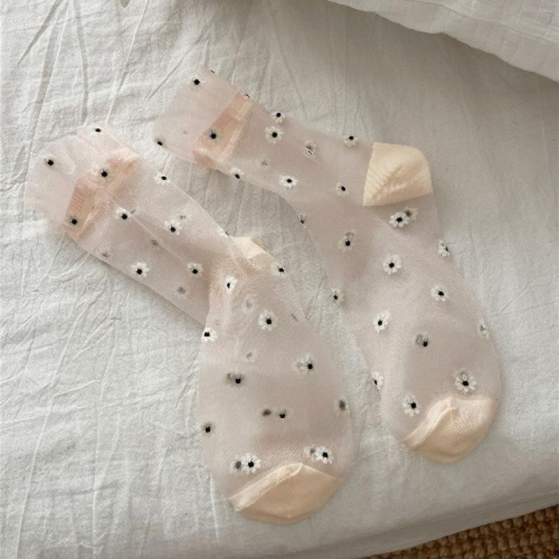 Ultra-thin Transparent Crystal Silk Socks Women Fashion Summer Harajuku Crew Socks Retro Flower Streetwear Elastic Long Socks