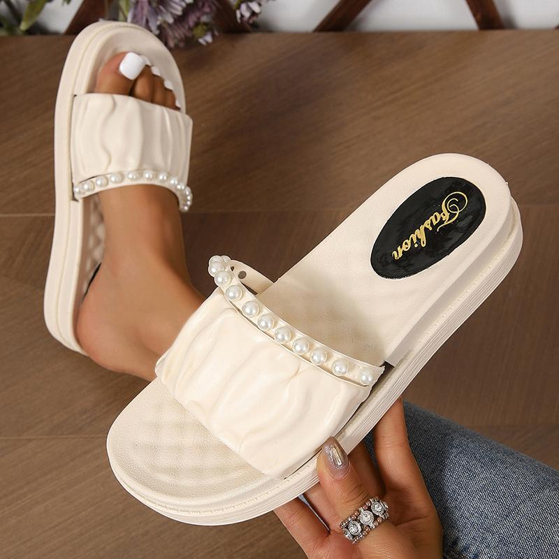 BCEBYL Summer Casual Fashion Round Toe Flat Bottom Increased Beaded Comfortable Solid Color Non-slip Wear-resistant Slippers