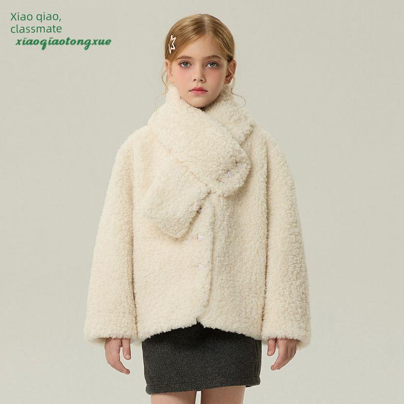 Children s Fur Coat Autumn and Winter New Style Girls  Imitation Lamb Wool Coat with Detachable Scarf Short Style White 120