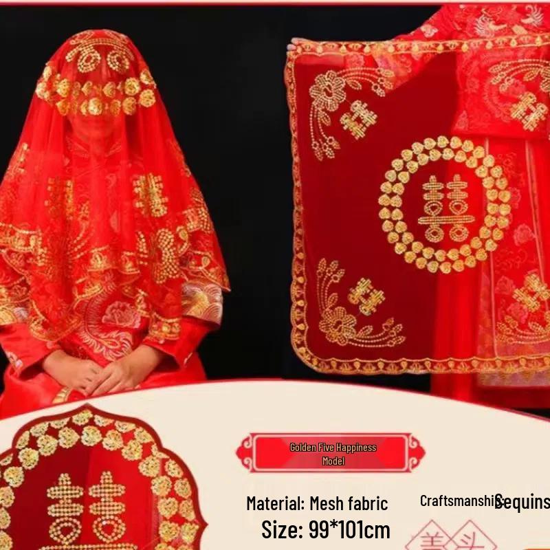 Red Xiuhe Summer Bridal Dress with Semi-Transparent Veil and Head Covering