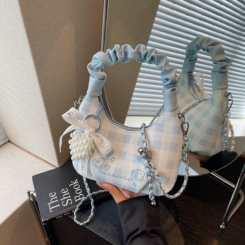 Premium Bag Women's Summer New Fashion Plaid Chain Messenger Bag Pleated Portable Dumpling Bag