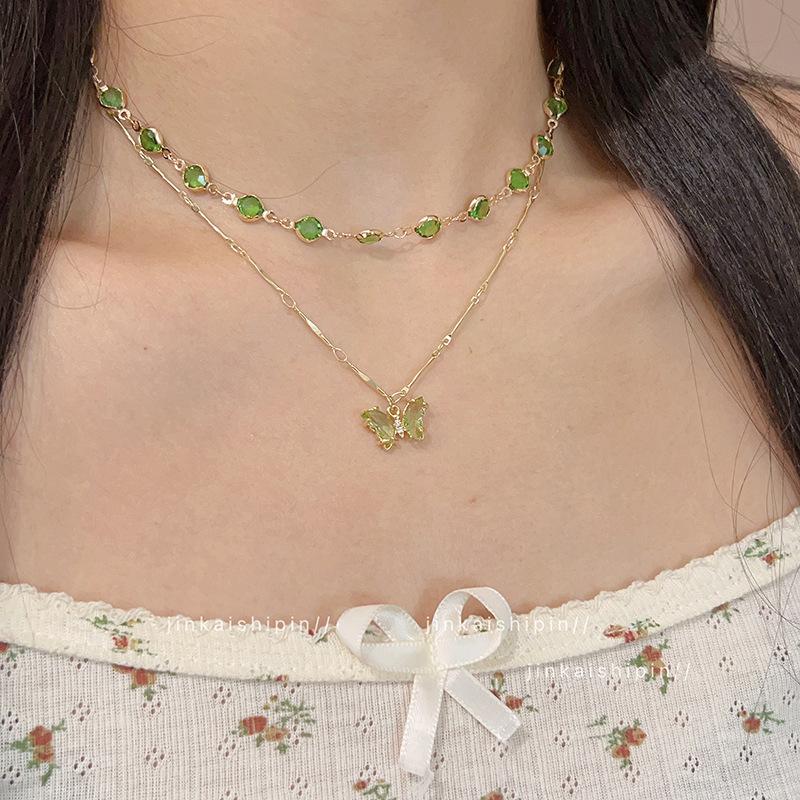 Korean Fashion Double layered Green Butterfly Necklace For Women Elegant Zircon Butterfly Pendant Choker Chain Girls Jewelry