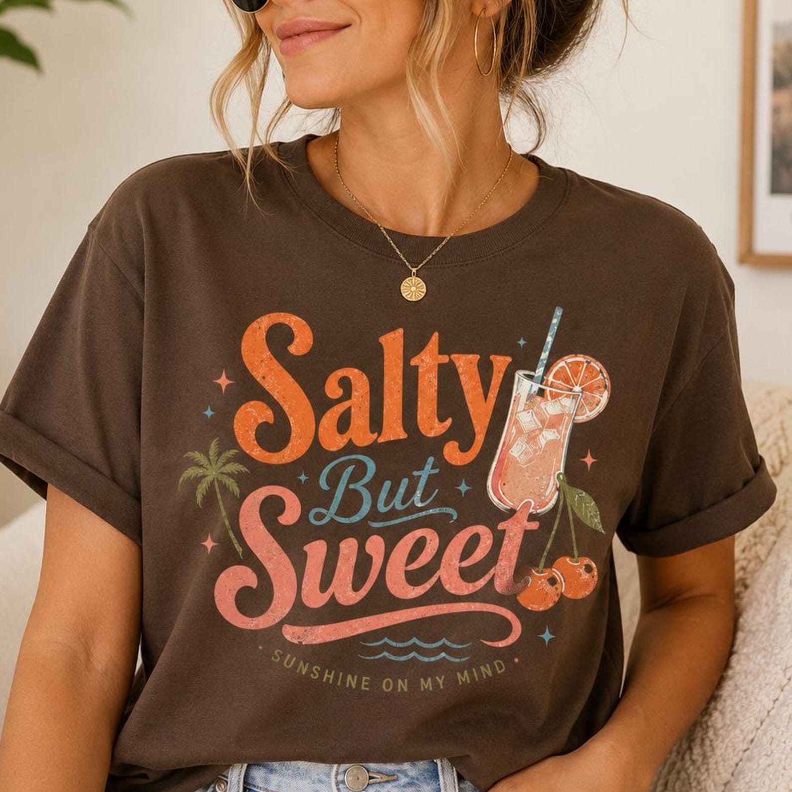 Salty But Sweet Retro Beach Sunset Tee, Coastal Summer Vacation Shirt M