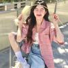 Pink Short Sleeved Women's Shirt Contrasting Retro Casual Turn-Down Collar Top Korean Style Simple Loose Ladies Coat
