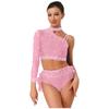 One Shoulder Long Sleeve Crop Top and Back Feather Briefs Set - Womens Sparkly Rhinestone Latin Dancewear for Belly Dance Chacha Tango
