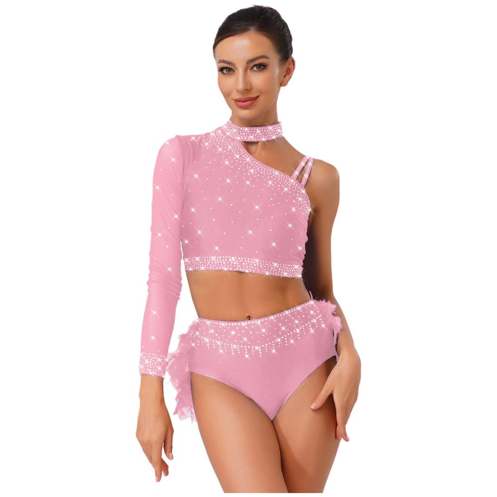 2-Piece Latin Dancewear Set for Womens - Sparkly Rhinestone One Shoulder Crop Top and Feather Back Briefs for Chacha Tango Belly Dance