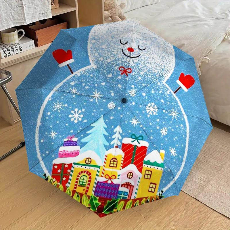 1pc Christmas Snowman Village Umbrella with Plastic Handle,Suitable for All Seasons Home Travel Outdoor UmbrellaDD315