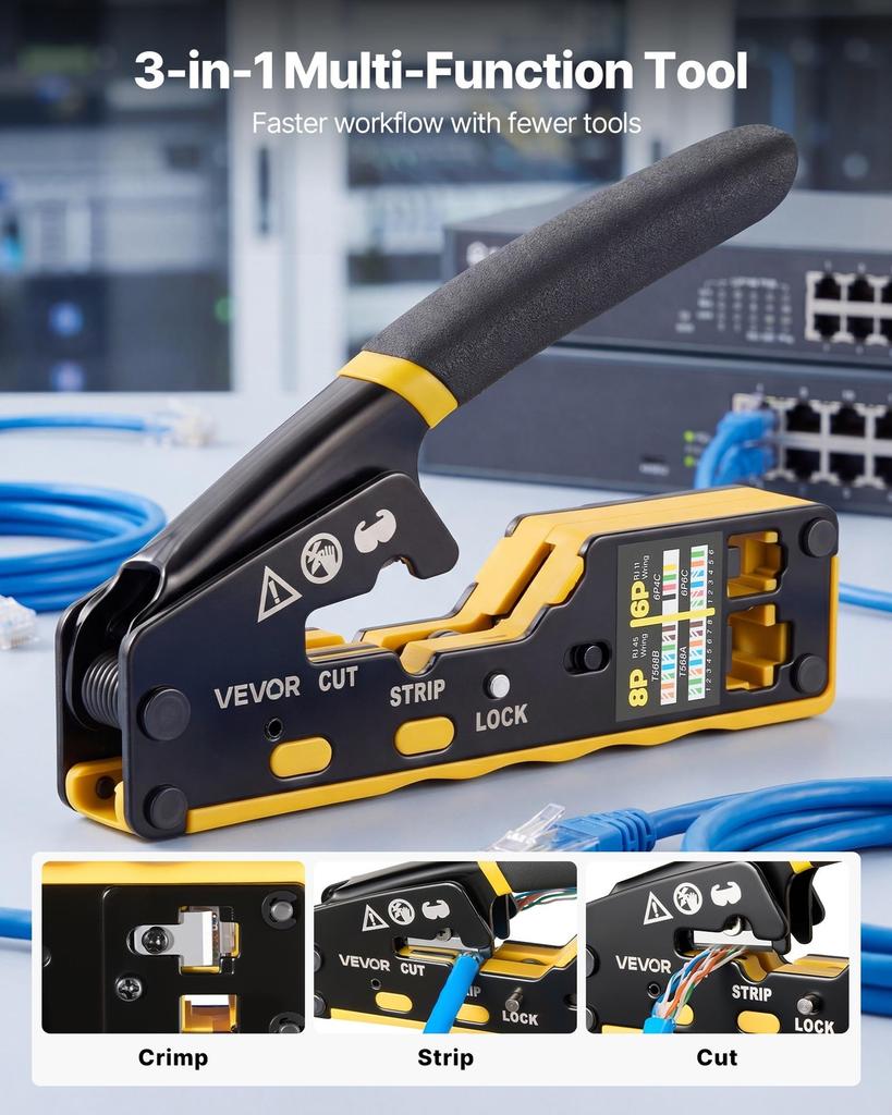 Crimping Tool, RJ45/RJ11/RJ12 Ethernet Crimper, Crimp Tool Kit for 4/6/8-Pin Modular Plugs, with Mini Wire Stripper, 50 Connectors and 50 Boots,