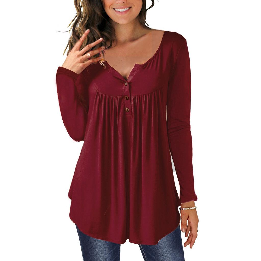 Women's Casual Loose Solid Color Long-sleeved Loose  Button Pleated Top