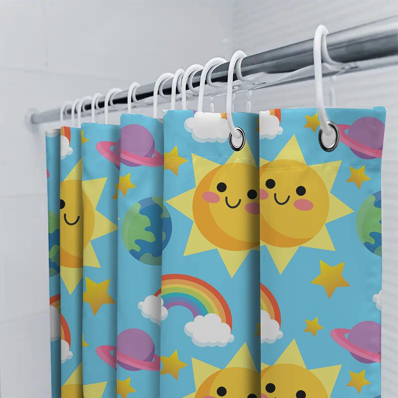 Solar System Shower Curtain With Happy Sun And Planets Blue Bath Decor