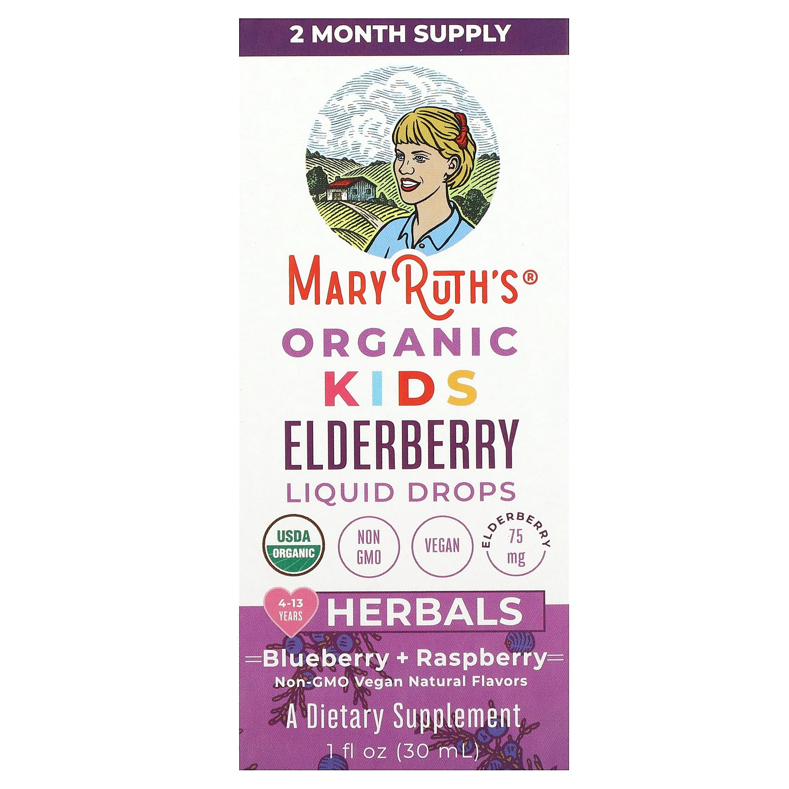 

MaryRuth s, Органічні дитячі, Рідкі краплі бузини, Вік 4 - 13 років, Чорниця + Малина, 1 рідка унція (30 мл)