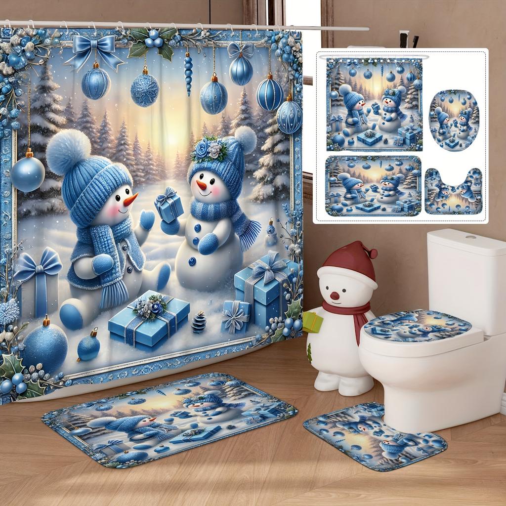 Christmas Winter Shower Curtain Set - Snowman and Christmas Ball Gift Cute Blue, Polyester Washable for Xmas Holiday Bathroom De