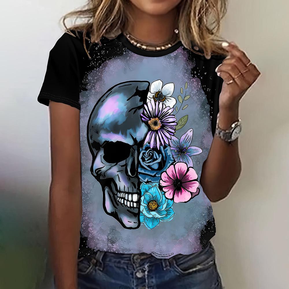 Ladies' Fashion 3D Printed T-shirt Beautiful Skeleton Series Round Neck Women's Top