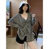 Wear a Lazy Style Versatile Striped V-neck Cardigan Jacket In Early Autumn, Femininity Large Size Loose Button Top