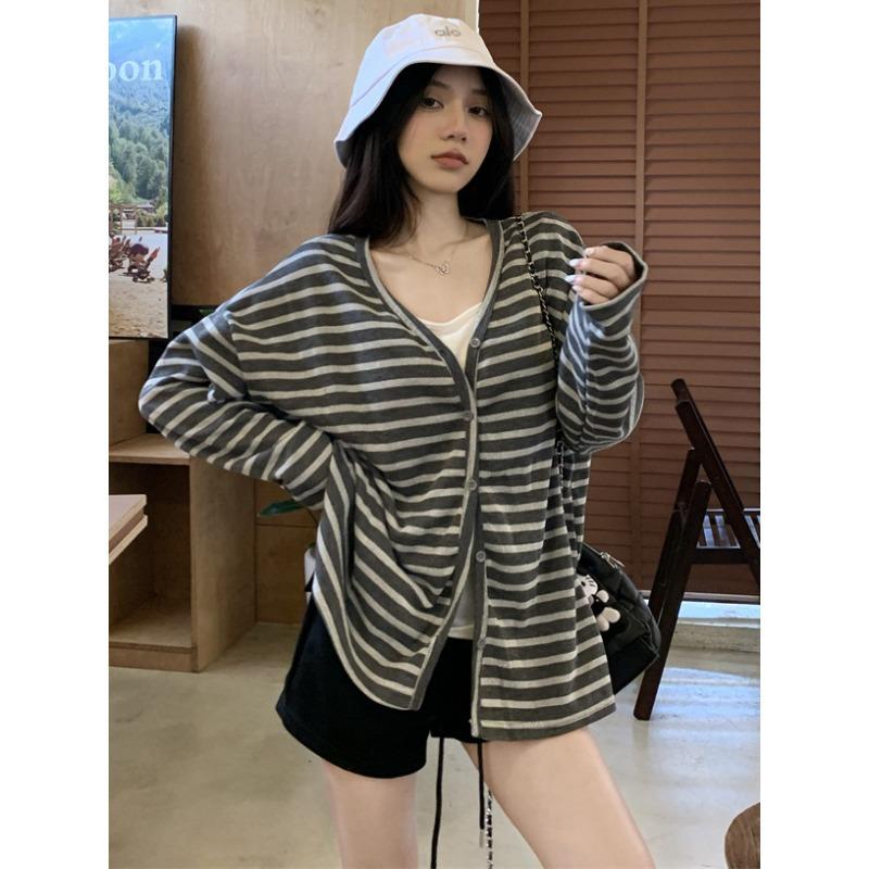 Wear a Lazy Style Versatile Striped V-neck Cardigan Jacket In Early Autumn, Femininity Large Size Loose Button Top