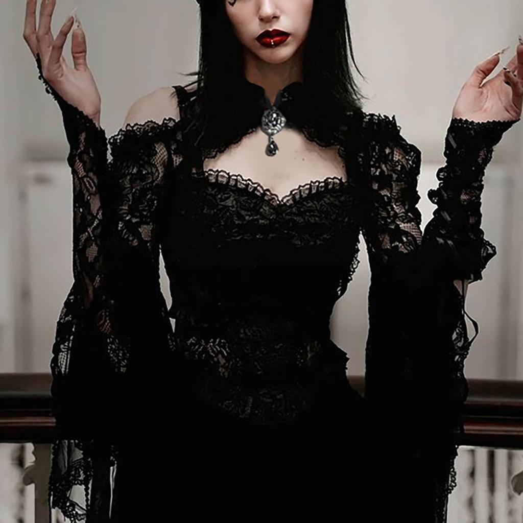 Gothic See Through Shrug Tops Grunge Aesthetic Black Flare Sleeve Crop Top Women Streetwear Vintage Punk Sexy Clothing