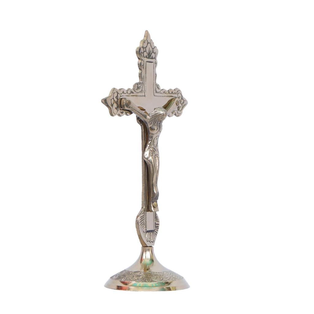 Cross Jesus Christ Statue In Antique Finish- Brass Jesus Christ Cross Table Standing Showpiece Creative Lord Jesus On Holy Cross Brass Statue