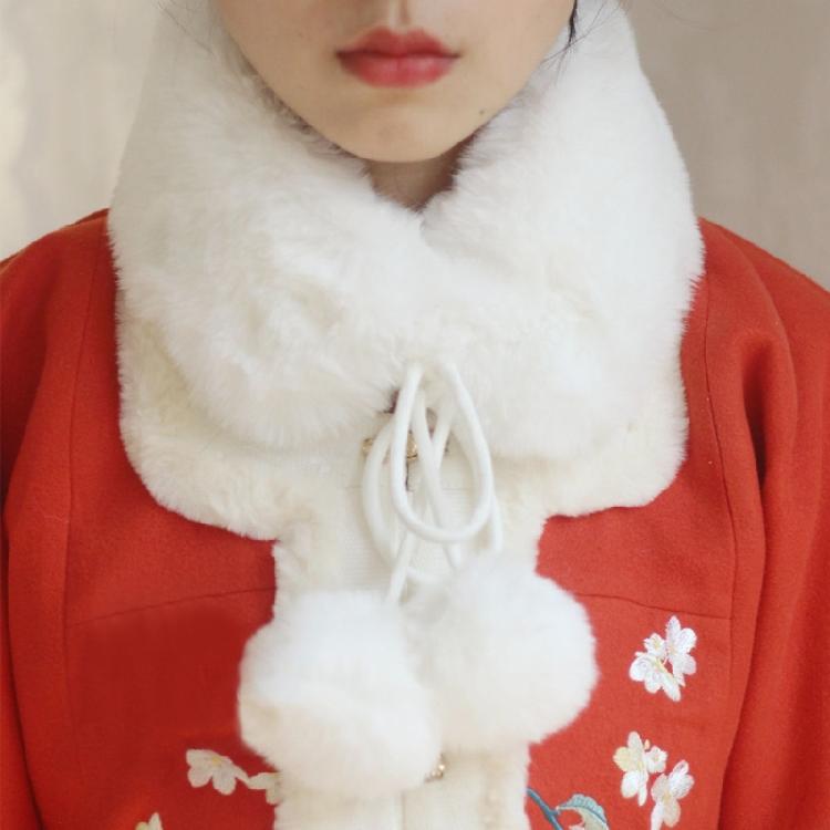 Furry Short Hanfu Scarf Short Tie Closure White Neck Scarf for Women Girls