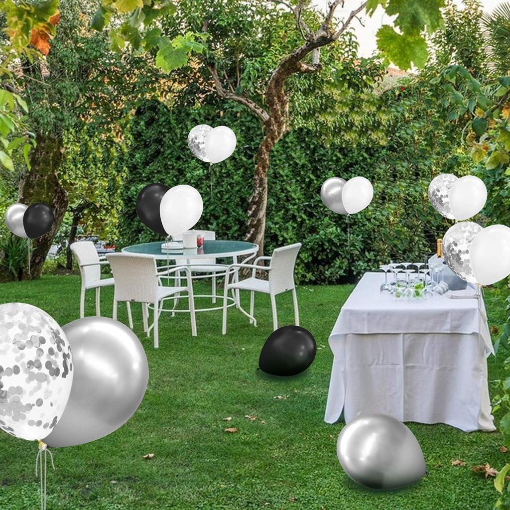 12inch 100pcs silver black white balloon set with confetti, suitable for weddings, birthdays, theme parties, family gatherings