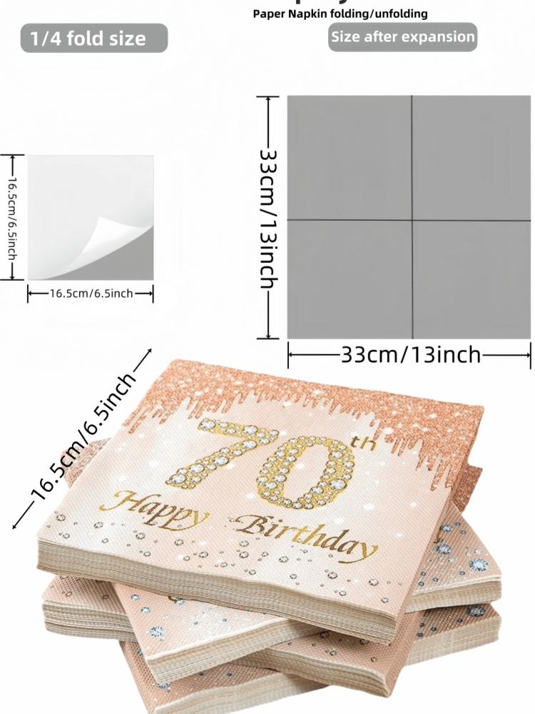 20pcs Pieces/pack, 40, 50, 60, 70 Year Old Rose Gold Diamond Printed Happy Birthday Napkins, Birthday Party Table Decorations