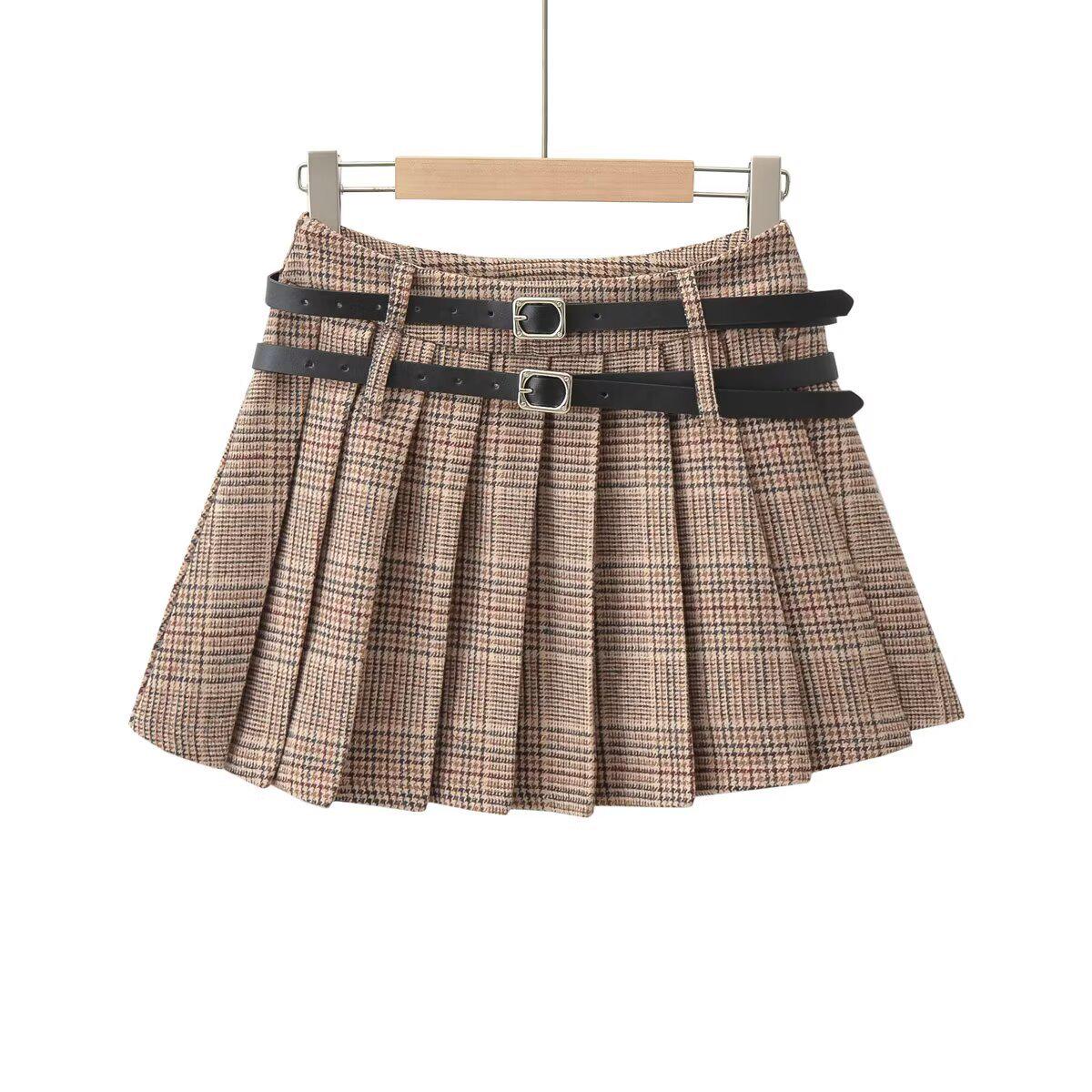 

2025 Autumn Retro Niche Double-Belt Plaid Pleated Skirt for Women Large как