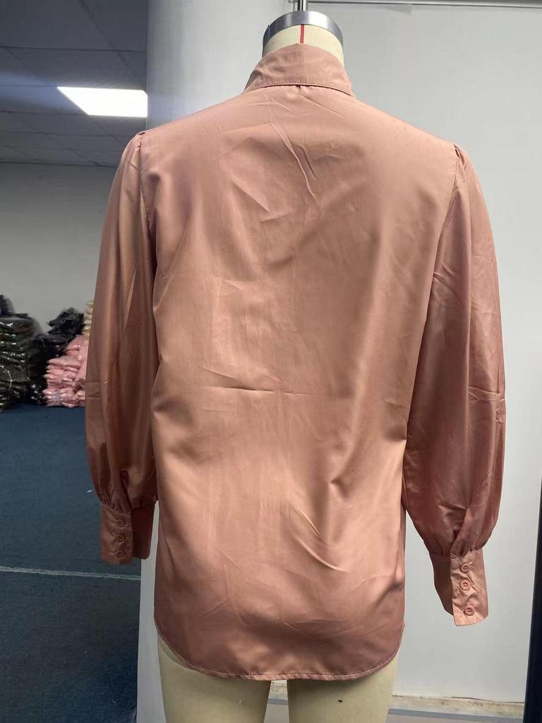 2024 Buckle Top Lantern Sleeve Pleated Solid Color Loose Long Sleeve Stand Collar Shirt for Women