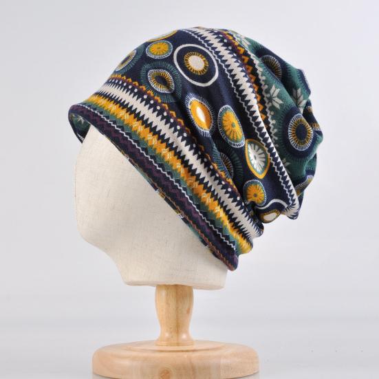 Damehatt Toppløs Strikket Vintage Trykk Lett Dekorativ Etnisk Stil Elastisk Ørebeskyttelse Dame Lue for Hverdagslig Bruk