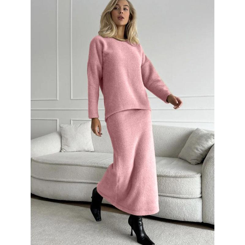 Women's Knitted Sweater 2 Piece Sets Winter Fall Lounge Long Sleeve Top Midi Dress Outfits Casual Chunky Sweater Skirt Sets for Women Loungewear Sets