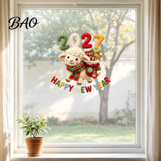 Reusable Window Stickers Happy New Year Cling, 2027 Crochet Sheep Snowflake Festive Decorations Glas Sticker, Christmas Holiday Decoration Static
