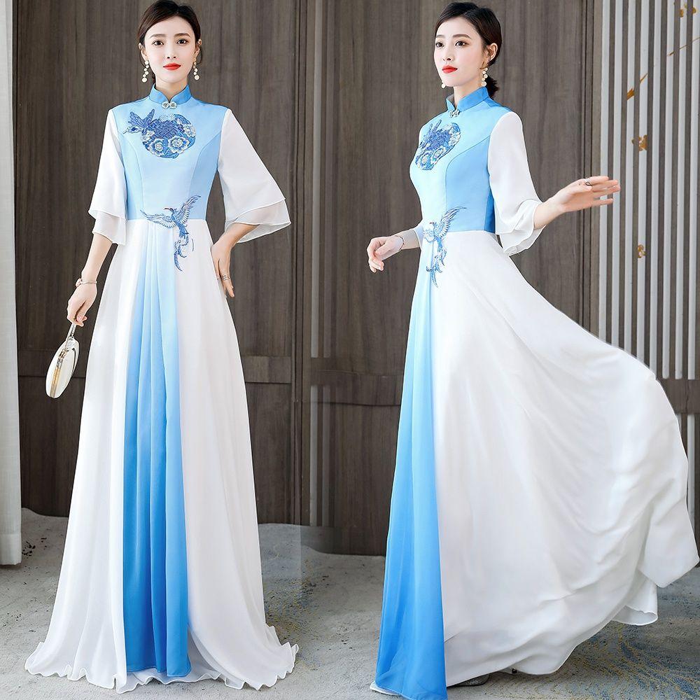 Classical Dance Costumes, Chinese Style Modified Cheongsam Performance Costumes For Women, Stage Chorus Evening Dresses