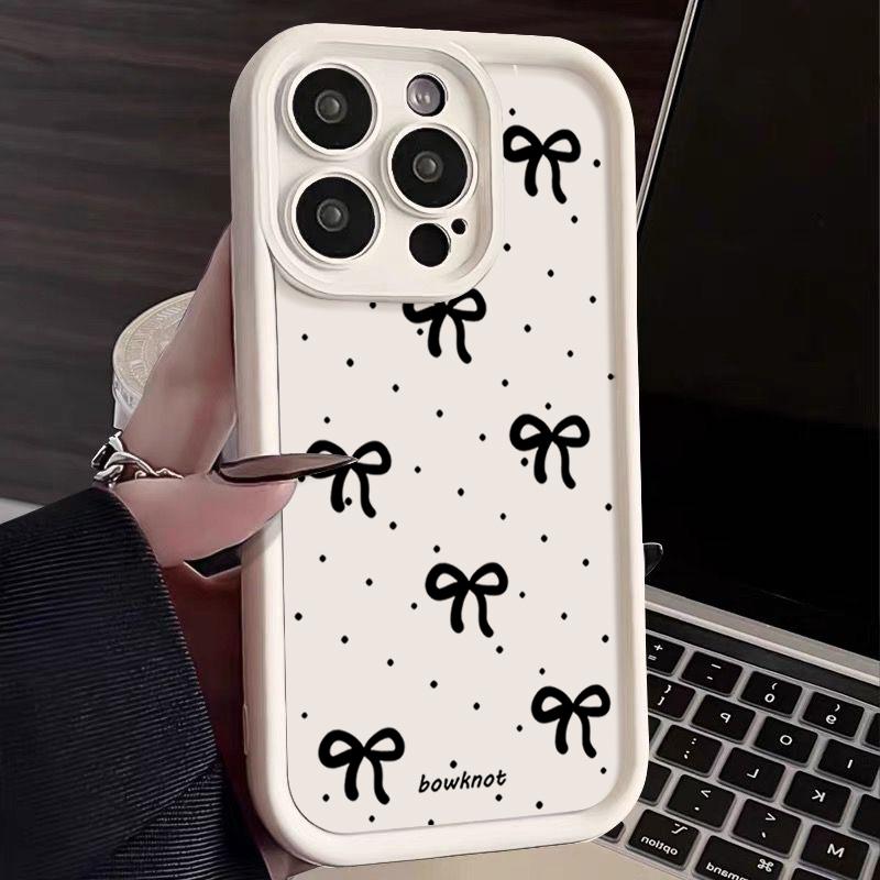 Black Bowknot Print TPU Soft Case For iPhone 16 Pro Max 15 Pro 14 13 12 11 XR XS 8 7 Lens Protection Shockproof Matte Phone Cover