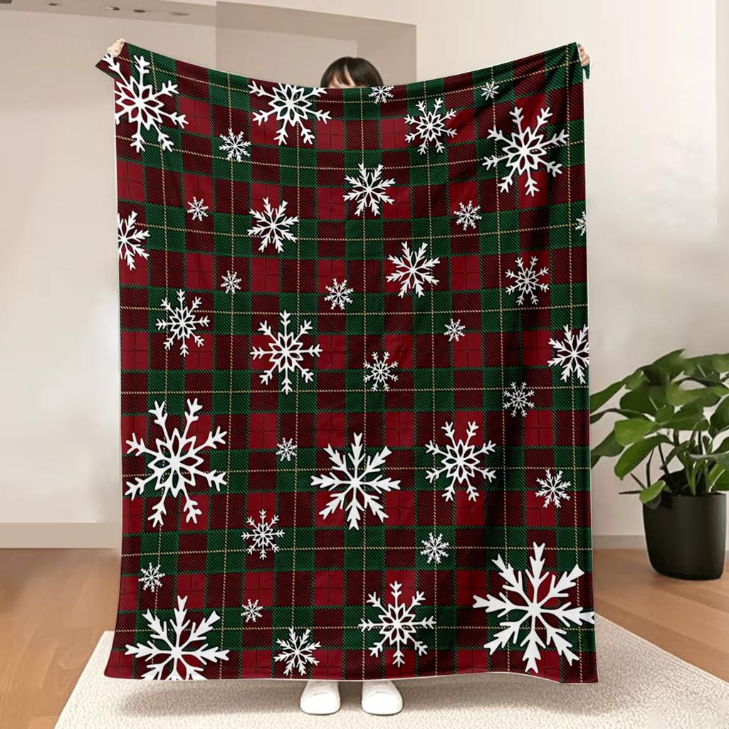 Xmas Plaid Fleece Blanket With Snow Design Cozy For Home Travel Party Daily Use Holiday Gift Idea