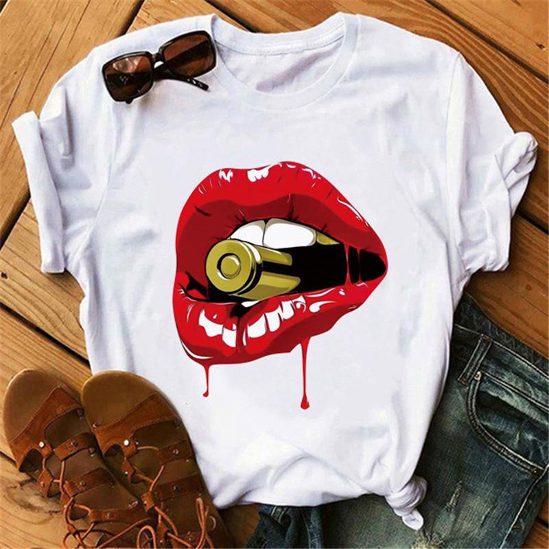 Korean Fashion Vintage Lip Graphic Women T-Shirt Goth 90S Summer Tees Loose White O-Neck Short Sleeve Y2K Tops Harajuku Blouses