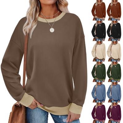 Women's Spring And  Sports Shirt Round Neck Long Sleeve Loose Top Color Blocked Ribbed Edge Fashionable