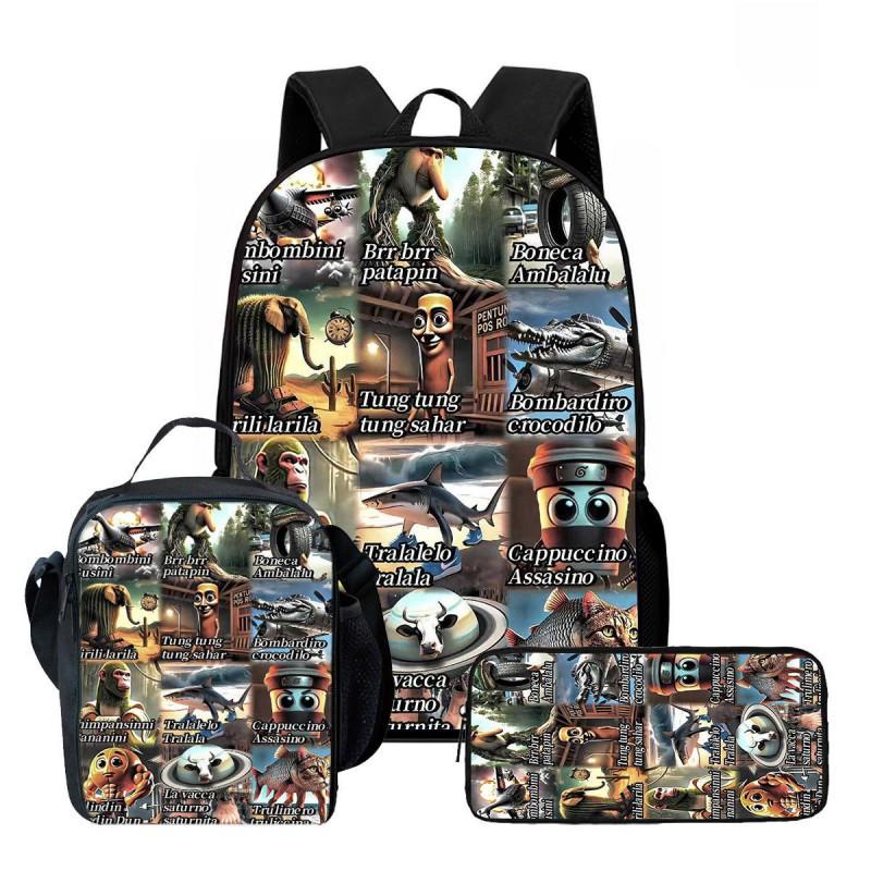 Kids School Backpack Lunch Bag Pencil Case Set - Cartoon Print Oxford Fabric Ergonomic Design Elementary Students