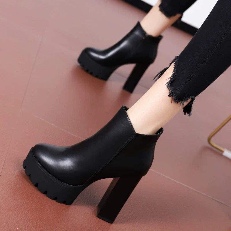 2025 New Autumn and Winter High Heels Short Boots Women's Thick Heel Single Boots Warm Velvet Waterproof Table Martin Boots Women's Boots