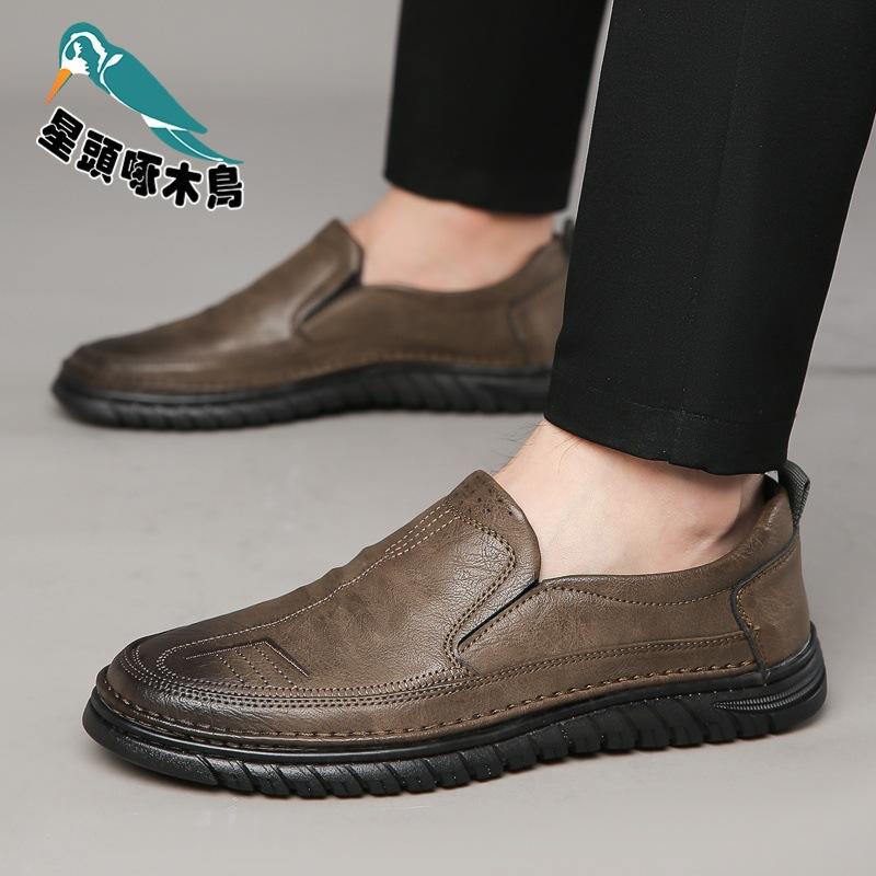 Men's leather shoes 2025 autumn new light breathable soft sole comfortable one-pedal leather shoes