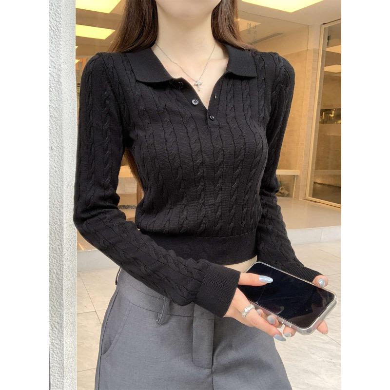 Vintage Twist Polo Collar Wool Knitted Sweater Autumn New Niche Primer Sweater Long Sleeve Short Top Women
