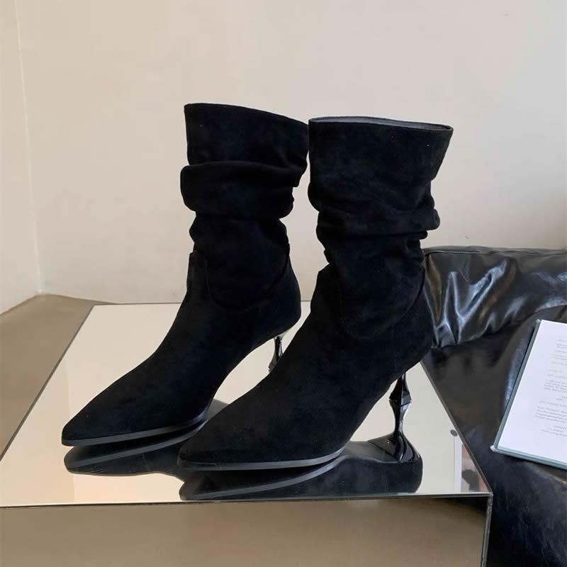 

Женские замшевые туфли-лодочки на среднем каблуке с острым носком, женские челси средней высоты, ретро обувь, новая зимняя обувь, дизайнерские 2025, готические туфли для женщин 38 чёрный