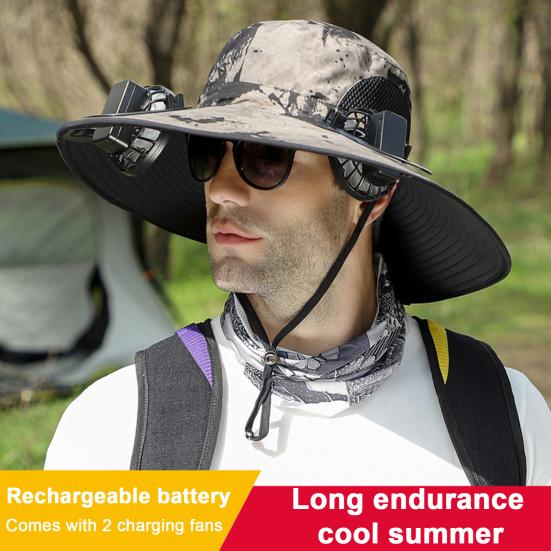 Sun Hat with Breathable Mesh Design Adjustable Cord Wide Brim Sun Protection Hat Dual Fan Design Fishing Hiking Hat